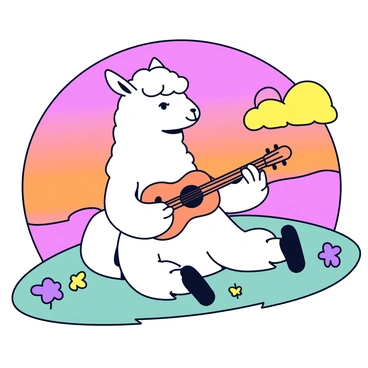 A llama with fluffy white fur is sitting on a grassy hill, holding a small acoustic guitar. The llama has a content expression as it strums the guitar, producing a cheerful melody. The sky is filled with vibrant hues of orange and pink as the sun sets in the background. Silhouetted against the colorful sky are a few scattered clouds, adding softness to the scene. The hill is gently sloping and adorned with patches of wildflowers in shades of yellow and purple.
