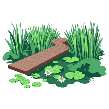 A brown wooden boardwalk extends through a lush wetland area. On both sides of the boardwalk, tall green reeds sway gently in the breeze. Scattered amongst the reeds, vibrant green lily pads float on the surface of the water, some adorned with delicate white flowers. The scene is illuminated by sunlight filtering through the foliage, casting dappled shadows on the boardwalk as it winds through the tranquil environment.