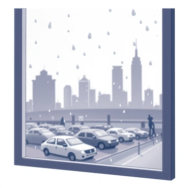 Raindrops are trickling down a clear windowpane. The droplets create a pattern as they slide downward, merging and splitting. Outside the window, a cityscape is visible, but it appears blurry and distorted due to the rain. Tall buildings with varying heights and architectural styles are faintly outlined against the backdrop, with the outlines of vehicles and pedestrians adding to the urban scene. The sky is overcast, indicating a rainy atmosphere.