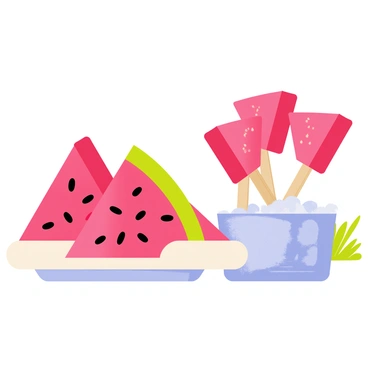 Frozen watermelon slices cut into triangular shapes, each mounted on wooden sticks. The watermelon has a vibrant pink flesh with dark seeds scattered throughout. The icy surface glistens under bright light, and droplets of condensation are visible on the slices. Some pops are resting on a white plate, while a few are held upright in a small container filled with crushed ice. The background includes a sunny outdoor setting with hints of green grass and a light blue sky.