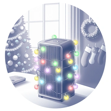 An air purifier placed on a table in a room decorated for the holidays. The air purifier is adorned with colorful holiday lights wrapped around its body. Various ornaments hang from the lights, adding a festive touch. The background features a well-decorated Christmas tree with shimmering ornaments and a mixture of pine garlands. Soft holiday decorations, such as wreaths and stockings, are visible on the walls, enhancing the festive atmosphere. The scene is illuminated by the gentle glow of the lights, creating a warm and inviting environment.