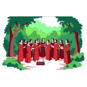 A red choir dressed in elegant robes is positioned in a clearing within a lush forest. The choir members are standing in a semi-circle, with their mouths open, singing harmoniously. Surrounding them are tall green trees, their leaves rustling gently in the breeze. Sunlight filters through the branches, casting dappled light onto the choir. In the background, the forest appears dense and vibrant, creating a natural amphitheater for the performance.