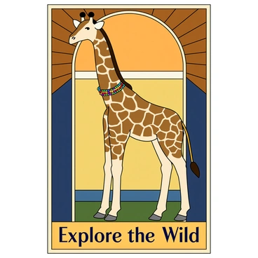 A vintage style travel poster featuring a tall giraffe standing gracefully against a stylized sunburst background. The giraffe has elegant spots and soft, light brown fur, its long neck extending upward. The poster includes bold geometric shapes and lines that characterize classic art deco design. The giraffe is adorned with a decorative collar made of colorful beads. At the bottom of the poster, the text "Explore the Wild" is written in an elegant, vintage font. The color palette includes deep blues, golds, and earthy tones that enhance the nostalgic feel of the poster.