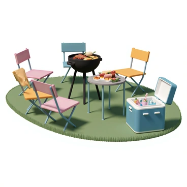 A backyard BBQ setup featuring a vibrant green lawn. There is a black grill filled with various grilled foods, including sausages, corn on the cob, and vegetable skewers. Surrounding the grill are several folding chairs in bright colors, positioned around a low table. The cooler, which is blue with white accents, sits nearby, slightly open with drinks visible inside. Sunlight casts gentle shadows across the scene, enhancing the inviting atmosphere of the gathering.