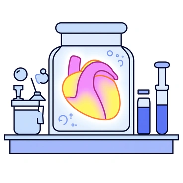 A glowing human heart is suspended in a transparent glass jar. The jar is filled with a clear liquid that refracts light, creating subtle distortions around the heart. The heart emits a soft, warm light, illuminating the surrounding jar. The glass jar is placed on a metallic laboratory shelf, which has a sleek, modern design. Behind the jar, there are various scientific instruments and equipment, adding to the laboratory atmosphere.