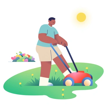 A person with medium skin and short black hair is mowing a lush green lawn on a sunny afternoon. They are wearing a light blue t-shirt and beige shorts, and are pushing a bright red lawn mower. The grass is rich and vibrant, dotted with small yellow dandelions. In the background, there are a few colorful flower beds with blooming flowers in shades of pink, purple, and yellow. The sun shines brightly in the clear blue sky, casting soft shadows on the ground.