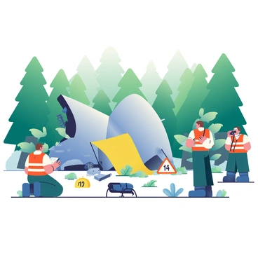 A large, silver plane is partially buried in the dense, green forest. The front of the plane is crumpled, with metal debris scattered around the crash site. Several investigators dressed in bright orange safety vests are examining the area. One investigator with short brown hair is crouched down, taking notes on a clipboard, while another stands nearby, observing the wreckage through binoculars. A yellow tarpaulin is draped over part of the wreck, and a small blue tent is set up in the background for the investigation team. There are signs of a thorough investigation, such as numbered markers placed around the site and equipment cases lying on the forest floor. Surrounding the scene, tall trees and ferns frame the area, providing a lush backdrop to the event.