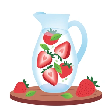 A pitcher filled with clear detox water showcases fresh strawberries sliced into halves, floating within the liquid. Sprigs of vibrant green mint leaves are interspersed among the strawberries, adding a touch of color. The pitcher is placed on a wooden table, and a few whole strawberries and mint leaves are scattered around it. Soft light illuminates the scene, highlighting the freshness of the ingredients.