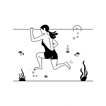 A person is underwater, performing glute kickbacks with precision. The individual is wearing a fitted swimsuit and has their hair flowing with the water currents. Surrounding the person are various aquatic plants swaying gently with the motion of the water. Small fish swim nearby, curiously observing the scene. Bubbles rise from the person's feet, creating a trail of air as they push back with their legs. The light filtering through the water creates a shimmering effect around the scene.
