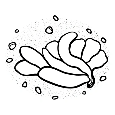 An arrangement of banana chips shaped like seashells is displayed on a textured sandy beach surface. The banana chips vary in size and shape, creating an organic and natural look. Surrounding the banana chips are several small pebbles and grains of sand, emphasizing the beach theme. The overall composition showcases the contrasting textures of the smooth banana chips and the rough sand.