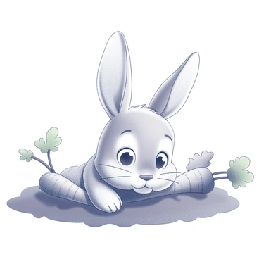 A rabbit with large, expressive eyes is peeking over the edge of a patch filled with carrots. The rabbit has soft fur and long ears that are perked up, showing its curiosity. Carrots are growing in the ground, with their green tops visible. The scene is lively, with the rabbit in the foreground and the carrot patch extending behind it. The overall composition captures the inquisitive nature of the rabbit as it investigates its surroundings.