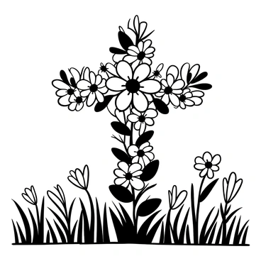A cross composed entirely of various blooming flowers, displaying intricate details of their petals and leaves. The cross is set in a spacious meadow, surrounded by tall grass swaying gently. In the background, additional clusters of flowers can be seen, adding depth to the scene. The shadows of the flowers create a contrast against the ground, highlighting their vibrant forms. The sky is clear, showcasing a sense of openness and tranquility.
