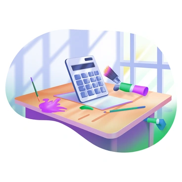 A wooden artist's table is the setting for the image. Leaning against a sleek, metallic calculator is a paintbrush with vibrant, multicolored bristles. The table has a warm, natural wood grain, showcasing its texture. Scattered around the table are small paint tubes with splashes of color, creating an artistic atmosphere. Sunlight streams in from a nearby window, casting soft shadows and highlighting the paintbrush and calculator.