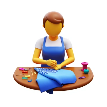 A tailor focused on sewing intricate patterns on a garment by hand. The tailor is wearing a classic apron and has a thimble on their finger. The garment lies on a wooden table, showcasing vibrant fabrics and detailed designs. Threads of various colors are scattered around, and the tailor holds a needle as they carefully stitch a delicate pattern. The atmosphere conveys a sense of craftsmanship and attention to detail.