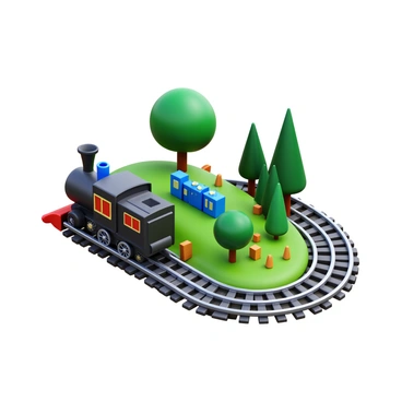 A detailed miniature train set featuring a locomotive with intricate designs and tiny wheels. The train is positioned on a model railway track that weaves through a landscape. The railway includes small, realistic trees, tiny buildings, and miniature figures to enhance the scene. The tracks are shiny and polished, reflecting light as the train stands ready for departure. The entire setup is compact and meticulously arranged to create a lifelike environment.