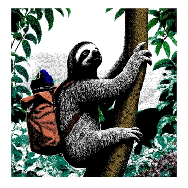A sloth hangs from a branch, its limbs wrapped comfortably around the thick trunk. It is wearing a small, brown backpack secured to its back, brimming with supplies. In one of its front claws, it clutches a folded map, depicting winding paths and different terrains. The sloth's eyes are wide with curiosity, gazing ahead as if planning its next move. Surrounding the sloth, lush green leaves provide a vibrant backdrop, while the distant silhouette of mountains can be seen on the horizon, hinting at the unknown adventures that lie ahead.