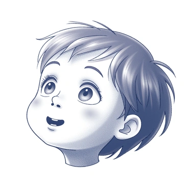 A child's face gazing upwards, eyes wide open, reflecting a sense of awe and wonder. The mouth is slightly agape, conveying amazement. The child's hair is tousled and unkempt, adding to the innocence of the expression. The skin appears soft and youthful, with a hint of rosy cheeks. The background hints at a playful environment, perhaps with faint outlines of toys or nature, suggesting the source of the child's wonder.