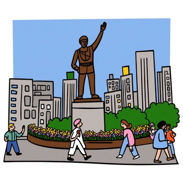 A grand statue of a historic war hero stands proudly in the center of a bustling city square. The statue is made of bronze, capturing the hero in a heroic pose with one arm raised. Surrounding the statue, colorful flowers bloom in neatly arranged planters. People walk by, some glancing at the statue in admiration. Tall buildings rise in the background, providing a sense of scale to the scene. Sunlight glints off the surface of the statue, highlighting its intricate details and textures. A clear blue sky stretches above, enhancing the vibrant atmosphere of the square.