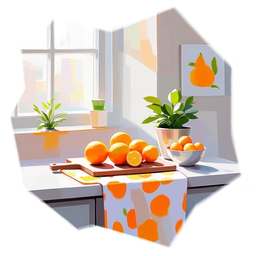 A cozy kitchen corner featuring bright citron-themed decor. On the countertop, there is a wooden cutting board scattered with fresh citrons, their yellow skin glistening. Next to the citrons, a small bowl holds several more, and a vibrant citron-patterned tablecloth drapes over the edge of the counter. The walls are adorned with citron-themed artwork, and a potted herb sits nearby, adding a touch of greenery to the scene. Soft light filters through a nearby window, illuminating the cheerful ambiance of the kitchen space.