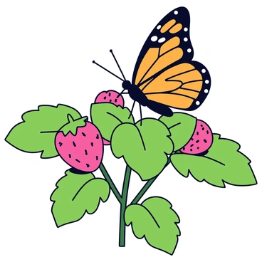 A butterfly with vibrant orange and black wings is resting on a green strawberry plant. The plant has several bright red, ripe strawberries nestled among its green leaves. Sunlight highlights the texture of the strawberries, showcasing their seeds and glistening surface. The scene captures the delicate balance of nature with the butterfly positioned gently on a leaf, creating a harmonious composition.