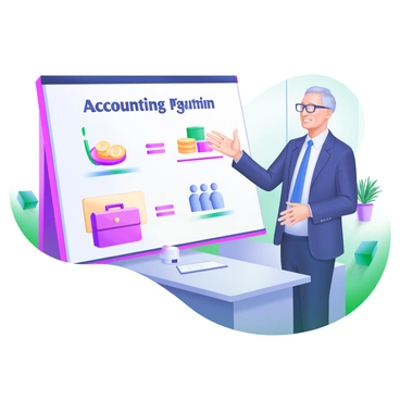 A financial advisor standing next to a whiteboard, explaining the accounting equation. The advisor is a middle-aged man wearing glasses and a business suit, gesturing towards the board. On the whiteboard, the accounting equation "Assets = Liabilities + Equity" is written in bold, black letters. Surrounding the equation are colorful illustrations of various financial elements, including a stack of coins representing "Assets," a briefcase symbolizing "Liabilities," and a group of people icon for "Equity." The background features a bright and modern office setting with a desk and some potted plants.