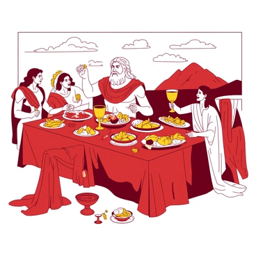 A red table is set with an array of golden dishes filled with an abundant feast, surrounded by divine figures. Zeus, a large figure with flowing white hair and a long beard, is seated at the head of the table. He is holding a golden goblet, raised in a toast. To his right, Hera, adorned in a flowing gown, is elegantly reaching for a plate of fruits. On the left, Poseidon is leaning forward, animatedly discussing with Athena, who is wearing her signature armor. Around the table, other gods and goddesses are enjoying the feast, with plates piled high and laughter filling the air. The backdrop features a beautiful view of Mount Olympus with clouds gently rolling by.