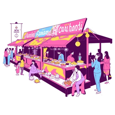 Colorful food stalls line the bustling streets during the "dahi handi festival." Each stall is adorned with vibrant decorations, showcasing an array of traditional snacks and sweets. The stalls feature various treats such as "pani puri," "samosas," and "laddus," attracting festival-goers with their enticing aromas. Bright signage with the names of each delicacy is displayed prominently. People of different ages are gathered around, eagerly choosing their favorite snacks, while some are seated on benches, enjoying their food. The atmosphere is lively, filled with laughter and chatter, capturing the festive spirit of the celebration.