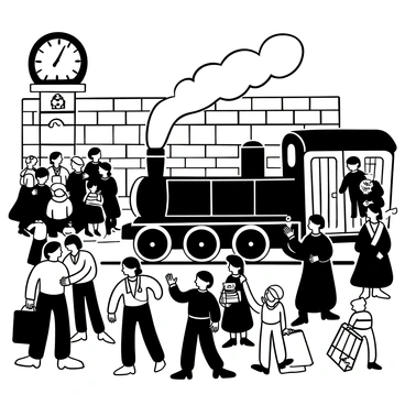 A scene depicting "Platform 9¾" filled with families gathered together, surrounded by luggage and colorful scarves. Parents are waving goodbye to children boarding the "Hogwarts Express," which is a grand, steam-powered train billowing smoke. A red and gold train car can be seen, with a few students in robes carrying owls and books. A large clock hangs above the platform showing the time as it approaches departure. Crowds of people are standing, some embracing, while others point towards the train. In the background, a brick wall with a sign indicating "Platform 9¾" is visible, adding to the atmosphere of excitement and farewell.