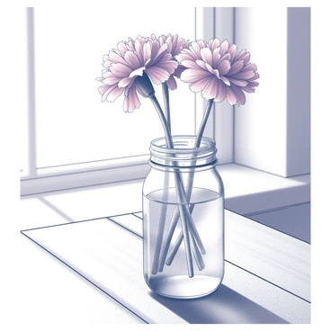 A rustic mason jar sits on a wooden table. The jar is filled with clear water, showcasing the delicate stems submerged beneath the surface. Inside the jar, a bunch of "red carnations" stands tall, their petals unfurling in a natural bouquet. The wooden table has a rough texture, enhancing the rustic feel of the arrangement. Sunlight is streaming through a nearby window, casting soft shadows on the surface.