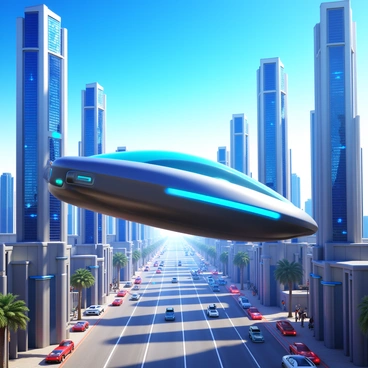 A futuristic hover car flying above a futuristic cityscape
