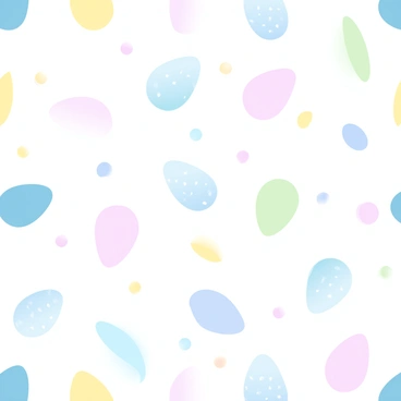 A seamless pattern showcasing a variety of eggs in different colors and sizes. The eggs include shades of pastel blue, pink, yellow, and green. Some eggs are speckled while others have solid colors. The arrangement of the eggs is random yet harmonious, creating a balanced composition throughout the pattern. The background features a subtle gradient that complements the colors of the eggs.