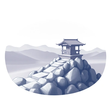 A small shrine positioned at the summit of a mountain peak. The shrine features a simple wooden structure with a sloping roof and intricate carvings along the edges. Surrounding the shrine are rugged rocky outcroppings that emphasize the height of the location. In the background, the vast expanse of the landscape unfolds, showcasing distant mountain ranges and valleys below. The scene captures a sense of elevation and isolation, as the shrine stands as a solitary landmark against the expansive sky.