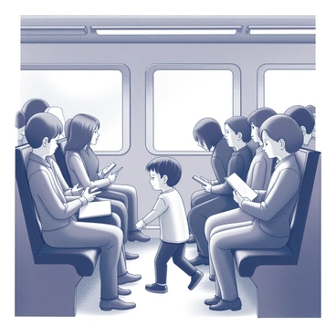A child pushing their way through a train car filled with passengers.