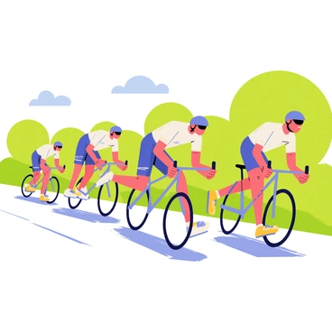 A group of triathletes racing on their sleek bicycles, each athlete positioned in a dynamic riding stance. The scene captures several athletes wearing bright, colorful cycling jerseys and aerodynamic helmets. Their bicycles feature thin tires and are designed for speed, with some riders leaning forward to maximize their power. The triathletes are surrounded by a blurred background of green trees and a clear blue sky, emphasizing the high-speed nature of the competition. The ground beneath them is a paved road, showcasing the urgency of their sprint to gain the lead.