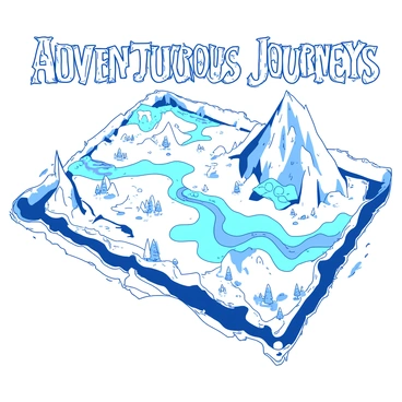 A duotone illustration of a hand-drawn fantasy map. The map features detailed mountains with sharp peaks, all in a contrasting color to the flowing rivers that wind through valleys. In the background, there are whimsical trees scattered across the landscape, with some areas marked with small symbols indicating locations of interest. The edges of the map are adorned with intricate borders, giving it a classic explorer's look. The title "Adventurous Journeys" is prominently displayed at the top in an ornate font.