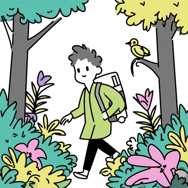 A toyotaro character exploring a dense jungle with exotic plants and hidden animals