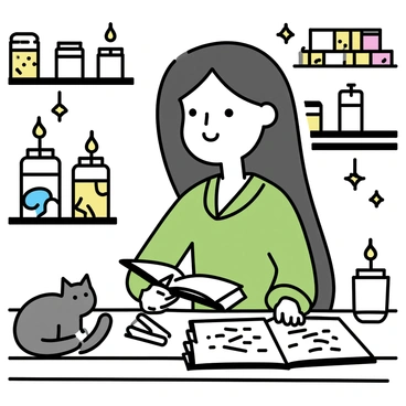 A young witch with long dark hair, wearing a green robe, is sitting at a wooden table in her cozy home. She is focused on an ancient spellbook, its pages filled with intricate writing and illustrations. Soft candlelight flickers, casting warm shadows around the room. The walls are lined with shelves filled with jars of herbs and mystical artifacts. A small cat is curled up on the table next to the witch, adding to the intimate atmosphere.