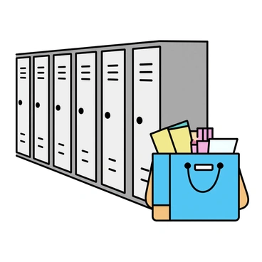 A row of silver school lockers, tightly lined up against a wall. Each locker has a distinct number engraved on it. A vibrant blue school bag, with bright orange accents, is leaning against one of the lockers. The bag is slightly open, revealing a glimpse of colorful notebooks inside. The floor is clean and polished, reflecting the metallic sheen of the lockers.