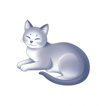 An outline of a cat in a resting position. The cat's body is compact, with a smooth contour representing its back and belly. The tail is curled neatly around the body, forming a gentle curve. The ears are pointed and upright, while its face is depicted with a small triangular shape for the nose and rounded contours for the cheeks. The paws are tucked under the body, completing the relaxed posture of the cat.