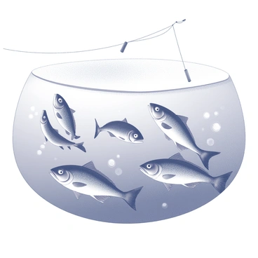 A dynamic underwater scene depicting multiple fish swimming in a school formation, moving towards a baited fishing line. The fish are varied in size and shape, showcasing their fins and scales as they navigate through the water. Above them, a layer of ice is visible, casting a diffused light that illuminates the underwater environment. The fishing line is suspended vertically, with bait attached, creating an enticing focal point for the fish. Bubbles rise towards the surface, adding movement and life to the scene.