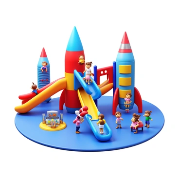 A vibrant playground designed with a rocket theme. Children are laughing and playing together. There are multiple slides that resemble rocket fins and climbing structures shaped like rockets. Brightly colored panels of red, blue, and yellow adorn the playground equipment. Some children are ascending a tall climbing wall, while others are sliding down the shiny metal slides. Nearby, a group of kids is gathered around a play area that features rocket control panels and space-themed decorations. The scene encapsulates a sense of adventure and excitement.