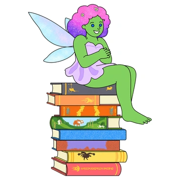 A playful fairy sitting on a stack of illustrated books, her wings matching the book covers