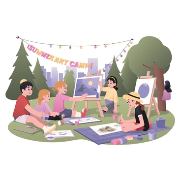 A digital flat illustration of a summer art camp scene in Vancouver. In the foreground, several children are spread out, engaging in painting and drawing on large sheets of paper set on easels and the grass. The children exhibit diverse appearances; one child has dark hair and is wearing a red t-shirt, while another has curly blond hair and a yellow sun hat. Nearby, a girl with brown hair tied in pigtails is focused on her canvas, which features a bright blue sky. 

In the background, there are lush green trees typical of Vancouver's landscape, and a few tall buildings can be seen, signifying the city. The sun is shining brightly, casting soft shadows on the ground. Art supplies like paint tubes, brushes, and water cups are scattered around, and a colorful picnic blanket is spread out with snacks. A banner saying "Summer Art Camp" is hanging from a nearby tree branch.