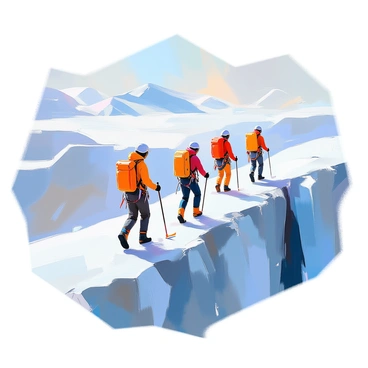 A group of adventurers is trekking across a massive glacier, their figures silhouetted against the icy landscape. The glacier features striking "icy blue crevasses" cutting through its surface, creating deep contrasts against the white ice. The adventurers are equipped with climbing gear, wearing bright jackets to stand out against the cold environment. They are moving carefully, with some using ice axes for support. In the background, the vast expanse of the glacier stretches out, meeting the sky, while the sunlight reflects off the ice, creating a shimmering effect.