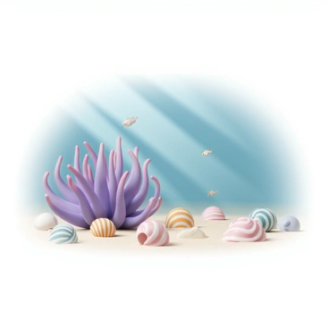 A vibrant anemone, with tentacles in shades of purple and pink, swaying gently underwater. It is positioned next to an array of colorful seashells, including striped, spiral, and flat designs, scattered randomly on the sandy ocean floor. Light rays penetrate the water, illuminating the scene and casting soft shadows. Small fish can be seen darting in and out of the anemone, adding dynamic movement to the tranquil underwater setting.