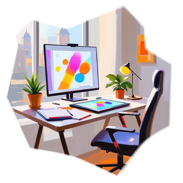 A digital art station located in a modern agency in London. The workspace is filled with high-tech equipment including a large monitor displaying vibrant digital artwork, a sleek graphics tablet, and an ergonomic chair. Soft lighting illuminates the area, creating a focused atmosphere. On the desk, there are various tools such as stylus pens and sketchbooks, along with a potted plant adding a touch of green. In the background, the agency's large windows reveal a glimpse of London's iconic architecture.