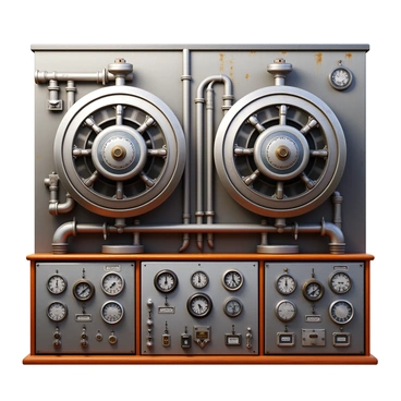 A vintage power station featuring large, gleaming steam turbines with intricate details. The turbines are surrounded by numerous pipes and gauges that convey a sense of industrial complexity. In the foreground, there are vintage control panels with various knobs and switches, showcasing aged metal and worn labels. The overall atmosphere reflects a bygone era of engineering, with a focus on the mechanical elements and the structure of the power station. The walls are adorned with age marks, highlighting the historical significance of the site.