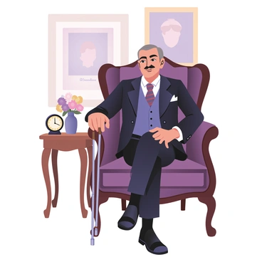 A digital flat illustration depicting a distinguished gentleman sitting elegantly in a plush armchair. The gentleman has a well-groomed mustache and is wearing a classic three-piece suit with a notched lapel in dark blue, complemented by a crisp white shirt and a patterned tie. He holds a polished cane with a silver handle in his right hand, resting it casually on his lap. The armchair is upholstered in rich burgundy fabric, with ornate wooden armrests. A small side table beside him features a vintage clock and a decorative vase with fresh flowers. The background includes a softly lit room with framed portraits on the walls, adding to the elegant atmosphere.