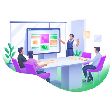 A modern conference room featuring a long, sleek table with a glossy finish. An artist is standing at one end of the table, gesturing towards a large digital screen displaying a variety of artwork. The screen showcases colorful pieces, including paintings and illustrations. Around the table, several clients are seated, attentively observing the presentation. The room is adorned with minimalist decor, including a potted plant in the corner and ambient lighting that creates a professional atmosphere. The artist is wearing a smart, fashionable outfit, and the clients are dressed in business attire, showing engagement with the portfolio being presented.