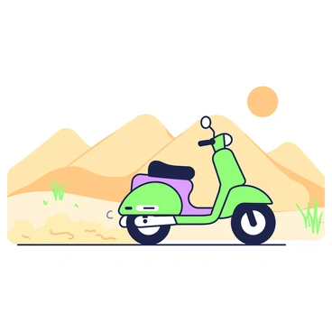 A mini moped trailblazing through a vast desert landscape with dunes